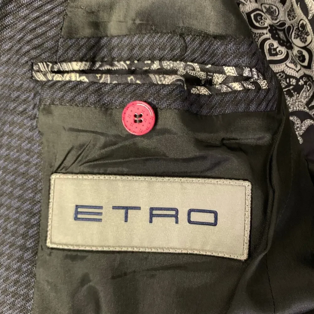 ETRO Chest Size 42 Black Navy Jacquard Wool Silk Peak Lapel Sport Coat